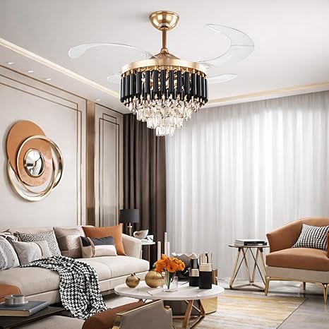 42 Inch Smart Retractable Ceiling Fan with 220V LED Light, Modern Chandelier Fancy Fan with Remote Control & LED Light, Reversible Motor (ELF2)
