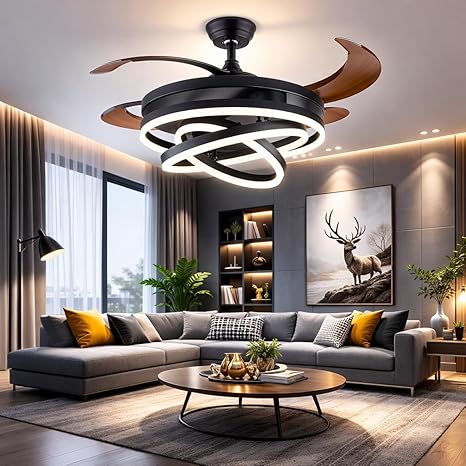 42 Inch Smart Retractable Ceiling Fan with 220V LED Light, Modern Chandelier Fancy Fan with Remote Control & LED Light, Reversible Motor (ELF3)