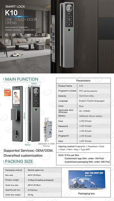 K10 Smart Door Lock with Fingerprint & Memory Card | WiFi App Control | PIN, Card & Key Access | Video Calling, Aluminum Digital Lock for Glass, Wood & Steel Doors | 3 Year Warranty
