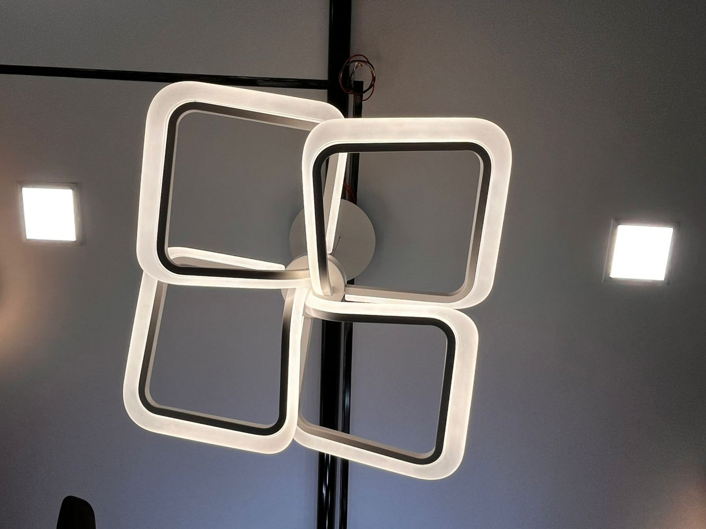 Modern Geometric LED Chandelier Ceiling Light | Luxury 4 Square Hanging Pendant Lamp for Living Room, Bedroom & Dining Area – Model: Quadra Glow