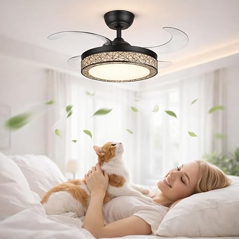 42 Inch Smart Retractable Ceiling Fan with 220V LED Light, Modern Chandelier Fancy Fan with Remote Control & LED Light, Reversible Motor (ELF1)
