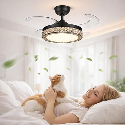 42 Inch Smart Retractable Ceiling Fan with 220V LED Light, Modern Chandelier Fancy Fan with Remote Control & LED Light, Reversible Motor (ELF1)