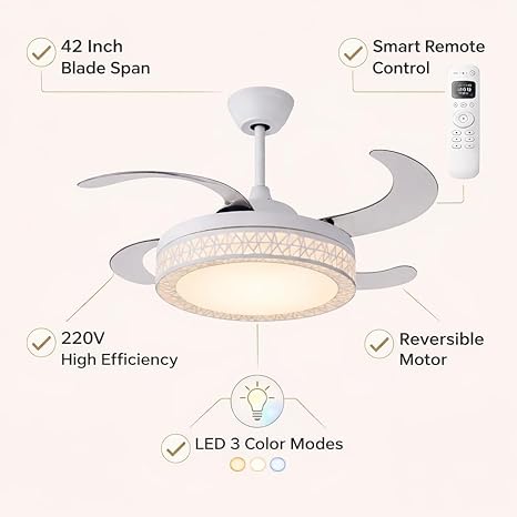 42 Inch Smart Retractable Ceiling Fan with 220V LED Light, Modern Chandelier Fancy Fan with Remote Control & LED Light, Reversible Motor (ELF6)