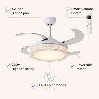 42 Inch Smart Retractable Ceiling Fan with 220V LED Light, Modern Chandelier Fancy Fan with Remote Control & LED Light, Reversible Motor (ELF6)