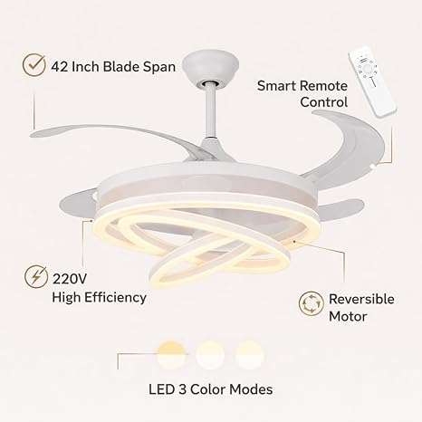 42 Inch Smart Retractable Ceiling Fan with 220V LED Light, Modern Chandelier Fancy Fan with Remote Control & LED Light, Reversible Motor (ELF4)