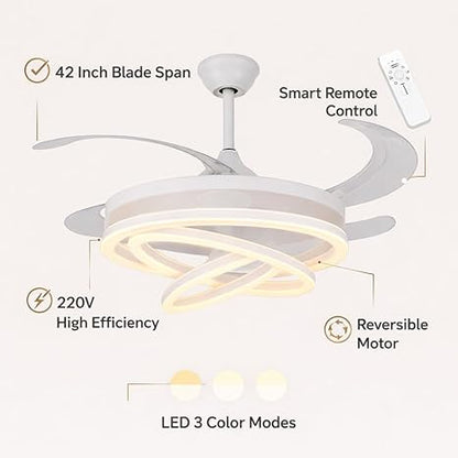 42 Inch Smart Retractable Ceiling Fan with 220V LED Light, Modern Chandelier Fancy Fan with Remote Control & LED Light, Reversible Motor (ELF4)