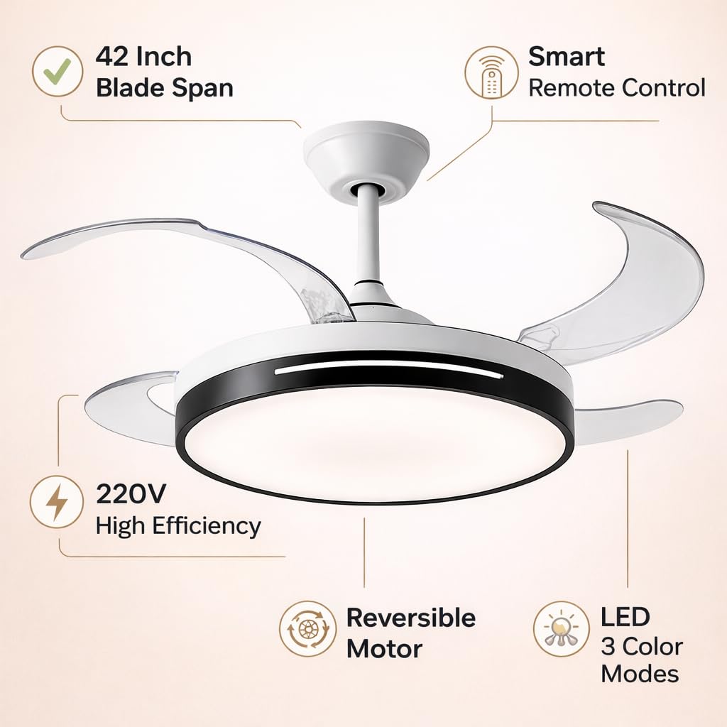 42 Inch Smart Retractable Ceiling Fan with 220V LED Light, Modern Chandelier Fancy Fan with Remote Control & LED Light, Reversible Motor (ELF7)