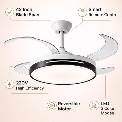 42 Inch Smart Retractable Ceiling Fan with 220V LED Light, Modern Chandelier Fancy Fan with Remote Control & LED Light, Reversible Motor (ELF7)