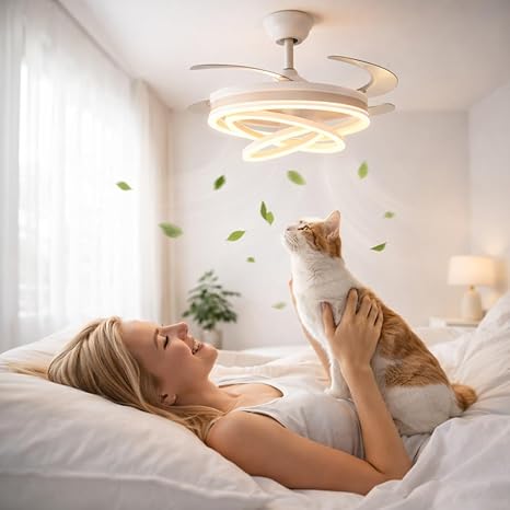 42 Inch Smart Retractable Ceiling Fan with 220V LED Light, Modern Chandelier Fancy Fan with Remote Control & LED Light, Reversible Motor (ELF4)