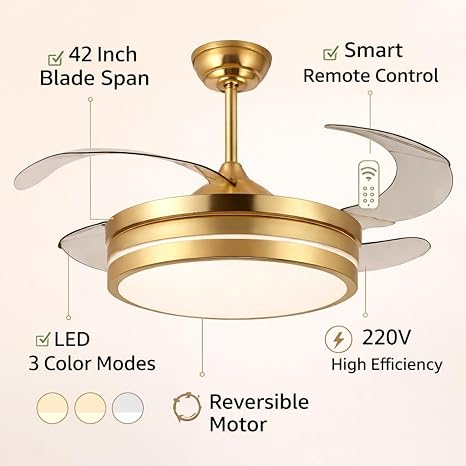 42 Inch Smart Retractable Ceiling Fan with 220V LED Light, Modern Chandelier Fancy Fan with Remote Control & LED Light, Reversible Motor (ELF5)