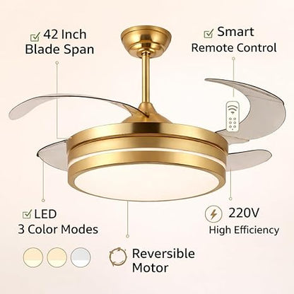 42 Inch Smart Retractable Ceiling Fan with 220V LED Light, Modern Chandelier Fancy Fan with Remote Control & LED Light, Reversible Motor (ELF5)