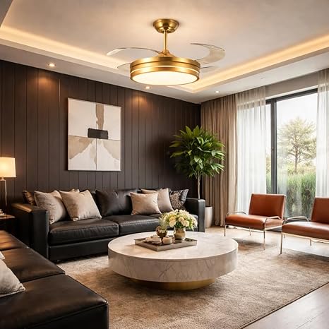 42 Inch Smart Retractable Ceiling Fan with 220V LED Light, Modern Chandelier Fancy Fan with Remote Control & LED Light, Reversible Motor (ELF5)