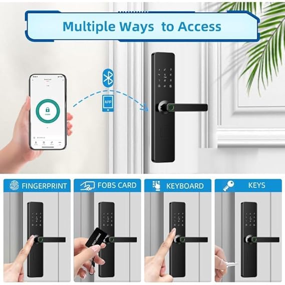 Digital Smart Door Lock with Bluetooth & Fingerprint Scanner | RFID Card Reader, PIN Code, Mobile App Control | Anti-Theft Alerts, Night Latch | 3 Years Warranty (A1TT-BT)