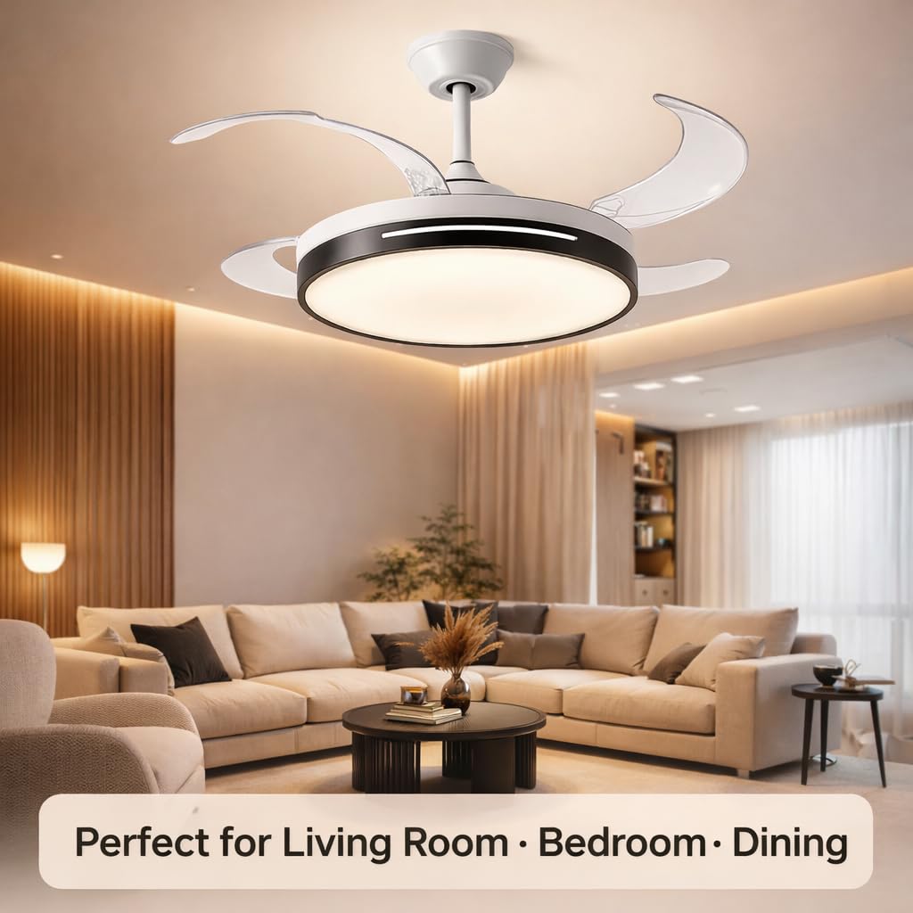 42 Inch Smart Retractable Ceiling Fan with 220V LED Light, Modern Chandelier Fancy Fan with Remote Control & LED Light, Reversible Motor (ELF7)