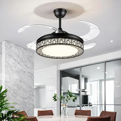 42 Inch Smart Retractable Ceiling Fan with 220V LED Light, Modern Chandelier Fancy Fan with Remote Control & LED Light, Reversible Motor (ELF1)