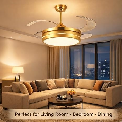 42 Inch Smart Retractable Ceiling Fan with 220V LED Light, Modern Chandelier Fancy Fan with Remote Control & LED Light, Reversible Motor (ELF5)