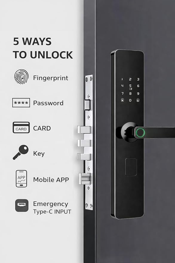Digital Smart Door Lock with Bluetooth & Fingerprint Scanner | RFID Card Reader, PIN Code, Mobile App Control | Anti-Theft Alerts, Night Latch | 3 Years Warranty (A1TT-BT)