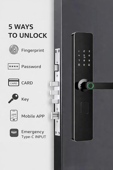 Digital Smart Door Lock with Bluetooth & Fingerprint Scanner | RFID Card Reader, PIN Code, Mobile App Control | Anti-Theft Alerts, Night Latch | 3 Years Warranty (A1TT-BT)