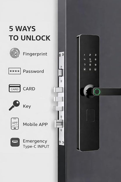Digital Smart Door Lock with Bluetooth & Fingerprint Scanner | RFID Card Reader, PIN Code, Mobile App Control | Anti-Theft Alerts, Night Latch | 3 Years Warranty (A1TT-BT)