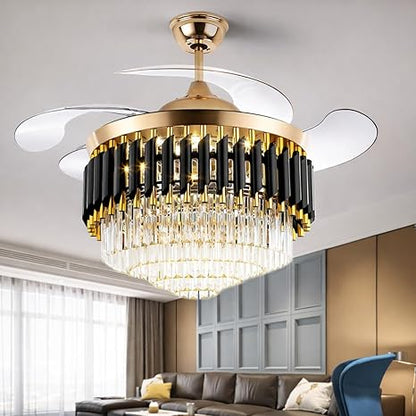 42 Inch Smart Retractable Ceiling Fan with 220V LED Light, Modern Chandelier Fancy Fan with Remote Control & LED Light, Reversible Motor (ELF2)