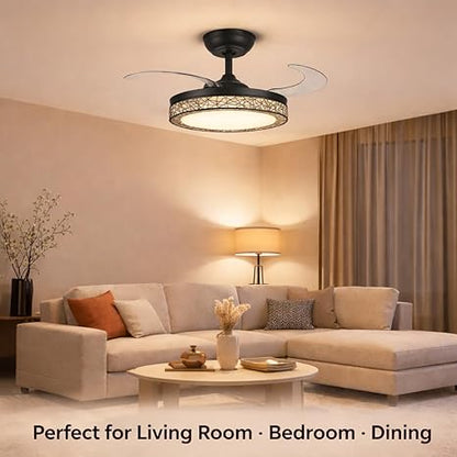 42 Inch Smart Retractable Ceiling Fan with 220V LED Light, Modern Chandelier Fancy Fan with Remote Control & LED Light, Reversible Motor (ELF1)