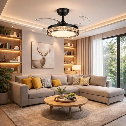 42 Inch Smart Retractable Ceiling Fan with 220V LED Light, Modern Chandelier Fancy Fan with Remote Control & LED Light, Reversible Motor (ELF1)