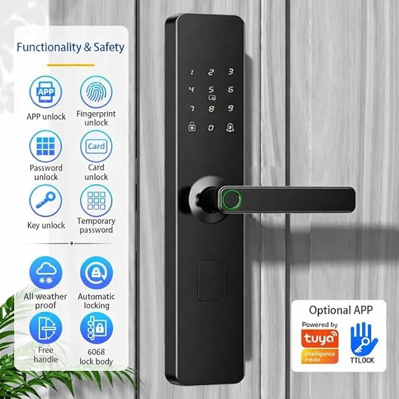 Digital Smart Door Lock with Bluetooth & Fingerprint Scanner | RFID Card Reader, PIN Code, Mobile App Control | Anti-Theft Alerts, Night Latch | 3 Years Warranty (A1TT-BT)
