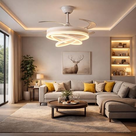 42 Inch Smart Retractable Ceiling Fan with 220V LED Light, Modern Chandelier Fancy Fan with Remote Control & LED Light, Reversible Motor (ELF4)