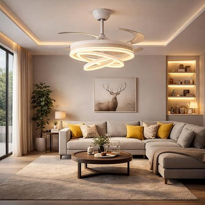 42 Inch Smart Retractable Ceiling Fan with 220V LED Light, Modern Chandelier Fancy Fan with Remote Control & LED Light, Reversible Motor (ELF4)