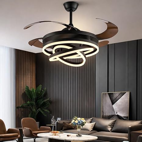 42 Inch Smart Retractable Ceiling Fan with 220V LED Light, Modern Chandelier Fancy Fan with Remote Control & LED Light, Reversible Motor (ELF3)