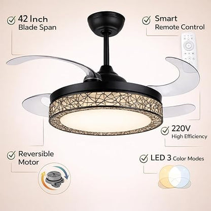 42 Inch Smart Retractable Ceiling Fan with 220V LED Light, Modern Chandelier Fancy Fan with Remote Control & LED Light, Reversible Motor (ELF1)