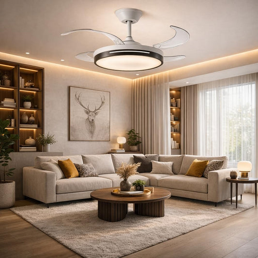 42 Inch Smart Retractable Ceiling Fan with 220V LED Light, Modern Chandelier Fancy Fan with Remote Control & LED Light, Reversible Motor (ELF7)