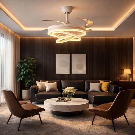 42 Inch Smart Retractable Ceiling Fan with 220V LED Light, Modern Chandelier Fancy Fan with Remote Control & LED Light, Reversible Motor (ELF4)