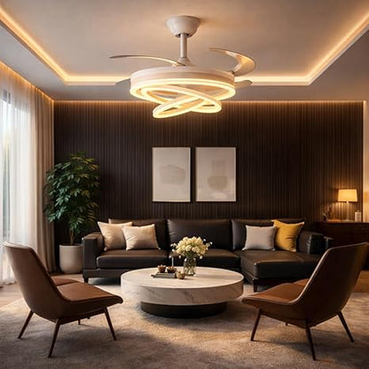 42 Inch Smart Retractable Ceiling Fan with 220V LED Light, Modern Chandelier Fancy Fan with Remote Control & LED Light, Reversible Motor (ELF4)