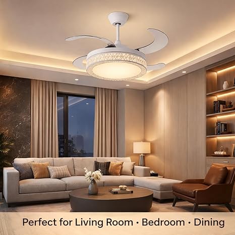 42 Inch Smart Retractable Ceiling Fan with 220V LED Light, Modern Chandelier Fancy Fan with Remote Control & LED Light, Reversible Motor (ELF6)