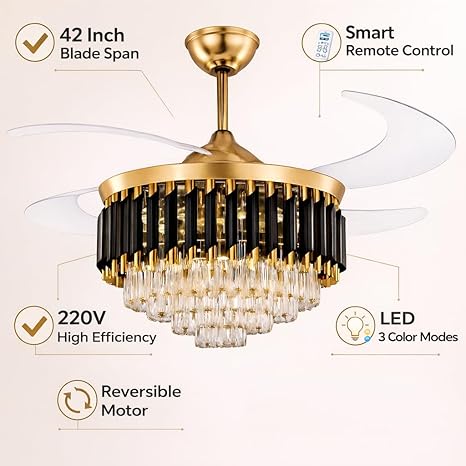 42 Inch Smart Retractable Ceiling Fan with 220V LED Light, Modern Chandelier Fancy Fan with Remote Control & LED Light, Reversible Motor (ELF2)