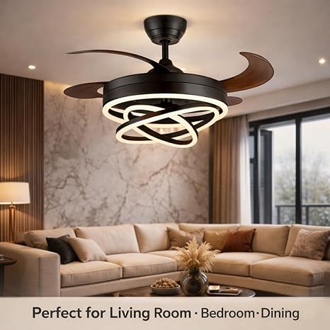 42 Inch Smart Retractable Ceiling Fan with 220V LED Light, Modern Chandelier Fancy Fan with Remote Control & LED Light, Reversible Motor (ELF3)