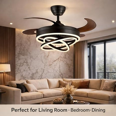 42 Inch Smart Retractable Ceiling Fan with 220V LED Light, Modern Chandelier Fancy Fan with Remote Control & LED Light, Reversible Motor (ELF3)