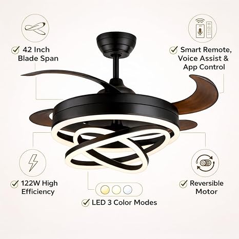 42 Inch Smart Retractable Ceiling Fan with 220V LED Light, Modern Chandelier Fancy Fan with Remote Control & LED Light, Reversible Motor (ELF3)