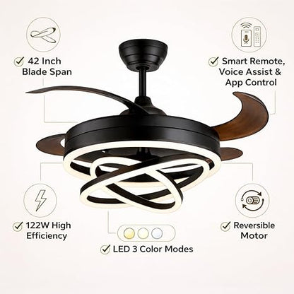 42 Inch Smart Retractable Ceiling Fan with 220V LED Light, Modern Chandelier Fancy Fan with Remote Control & LED Light, Reversible Motor (ELF3)