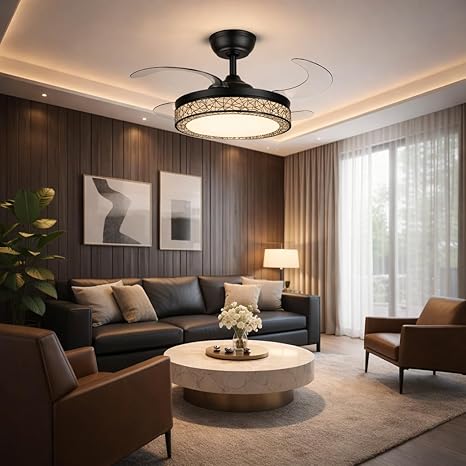 42 Inch Smart Retractable Ceiling Fan with 220V LED Light, Modern Chandelier Fancy Fan with Remote Control & LED Light, Reversible Motor (ELF1)