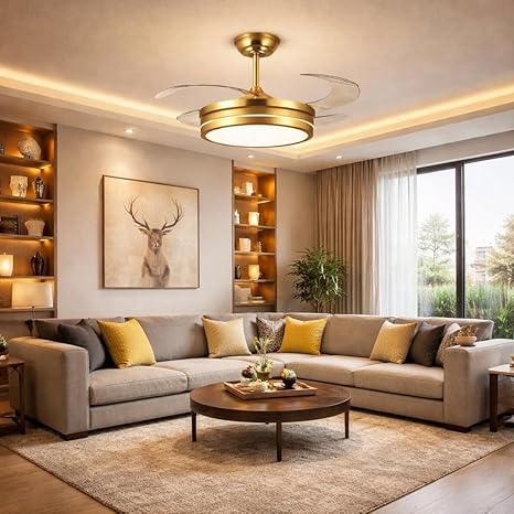 42 Inch Smart Retractable Ceiling Fan with 220V LED Light, Modern Chandelier Fancy Fan with Remote Control & LED Light, Reversible Motor (ELF5)