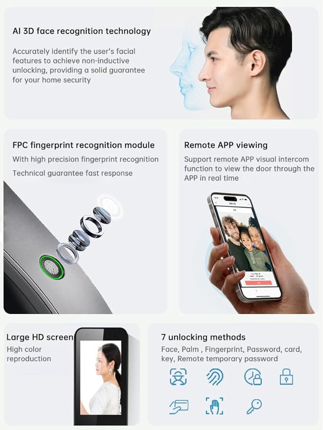 K7 Smart Door Lock with 3D Face & Palm Vein Recognition | WiFi Biometric Digital Lock with Camera | Fingerprint, PIN, RFID Card & Key | Video Calling | 3 Years Warranty