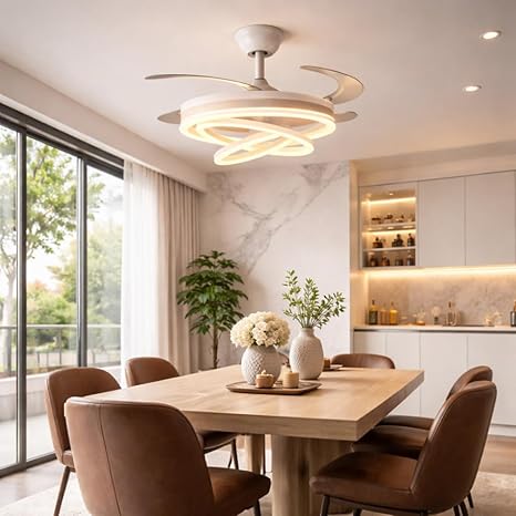 42 Inch Smart Retractable Ceiling Fan with 220V LED Light, Modern Chandelier Fancy Fan with Remote Control & LED Light, Reversible Motor (ELF4)