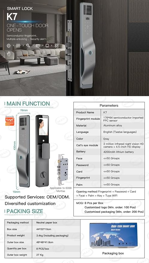 K7 Smart Door Lock with 3D Face & Palm Vein Recognition | WiFi Biometric Digital Lock with Camera | Fingerprint, PIN, RFID Card & Key | Video Calling | 3 Years Warranty