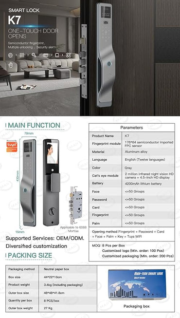 K7 Smart Door Lock with 3D Face & Palm Vein Recognition | WiFi Biometric Digital Lock with Camera | Fingerprint, PIN, RFID Card & Key | Video Calling | 3 Years Warranty