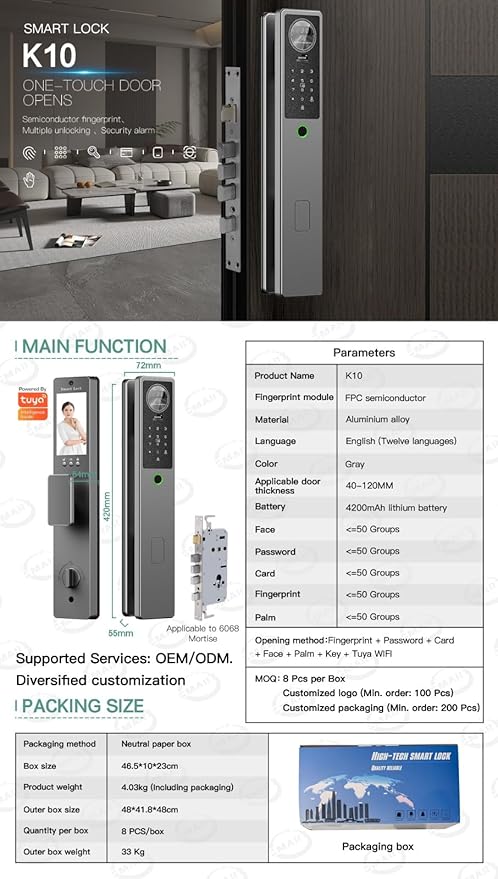 K10 Smart Door Lock with Fingerprint & Memory Card | WiFi App Control | PIN, Card & Key Access | Video Calling, Aluminum Digital Lock for Glass, Wood & Steel Doors | 3 Year Warranty