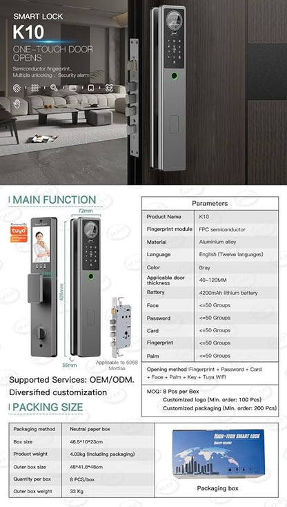 K10 Smart Door Lock with Fingerprint & Memory Card | WiFi App Control | PIN, Card & Key Access | Video Calling, Aluminum Digital Lock for Glass, Wood & Steel Doors | 3 Year Warranty