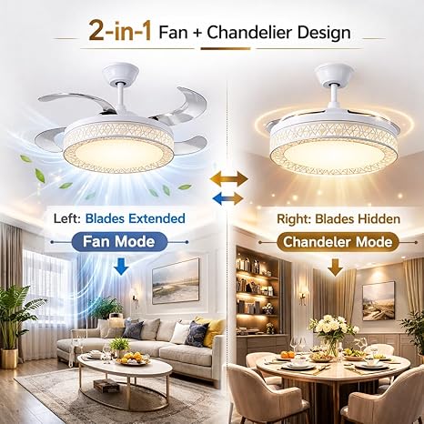 42 Inch Smart Retractable Ceiling Fan with 220V LED Light, Modern Chandelier Fancy Fan with Remote Control & LED Light, Reversible Motor (ELF6)