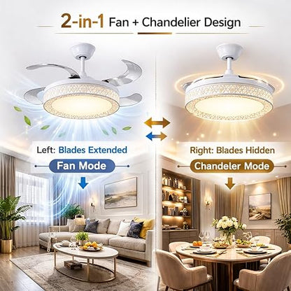 42 Inch Smart Retractable Ceiling Fan with 220V LED Light, Modern Chandelier Fancy Fan with Remote Control & LED Light, Reversible Motor (ELF6)
